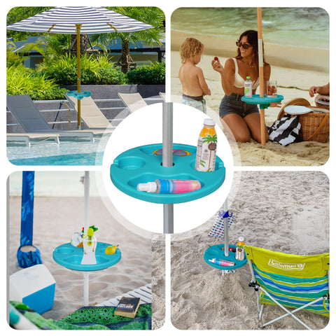 AMMSUN teal umbrella table shown in beach, patio, and garden setups.