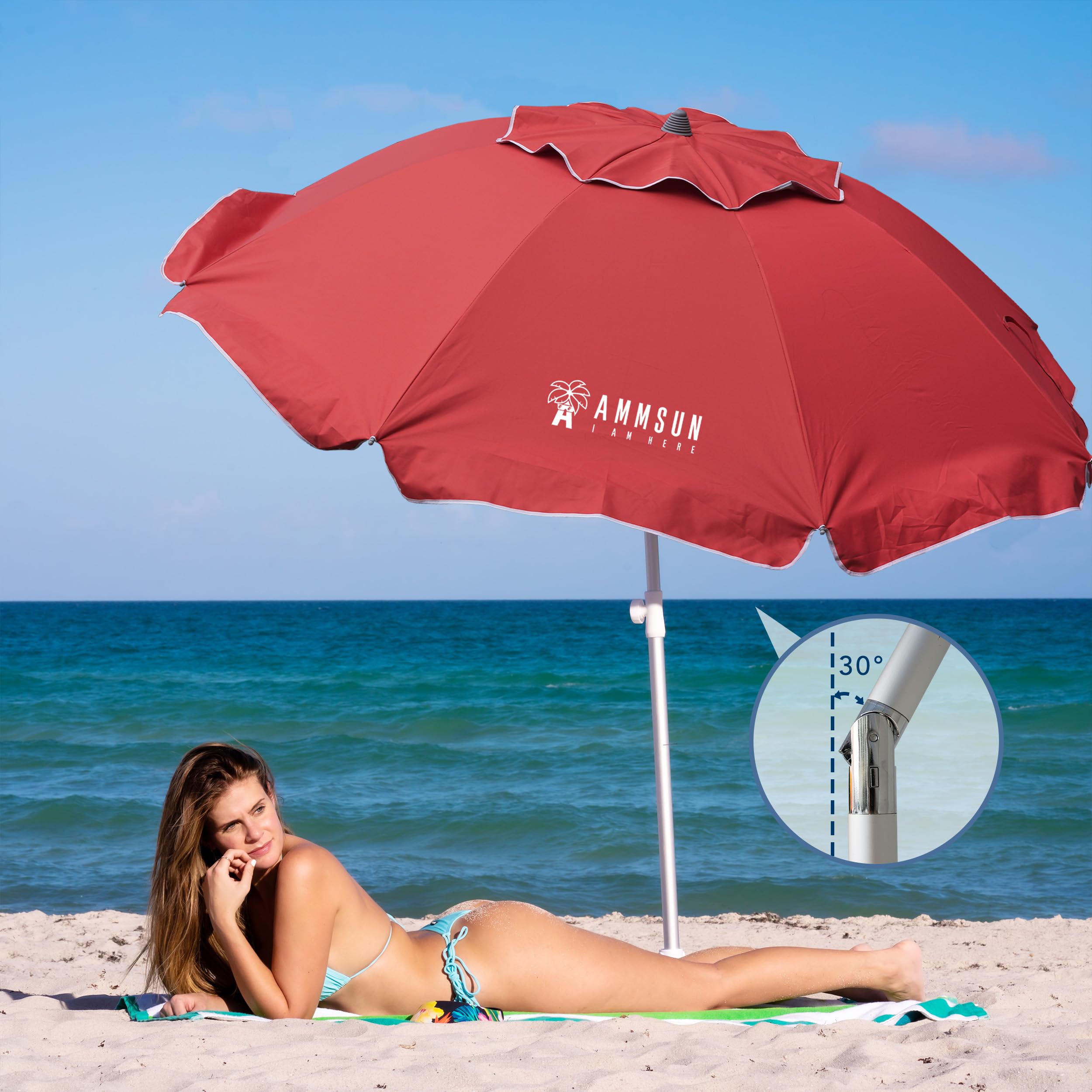 AMMSUN tilting beach umbrella quickly adjusts shade from any sun angle