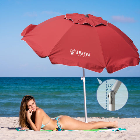 AMMSUN tilting beach umbrella quickly adjusts shade from any sun angle
