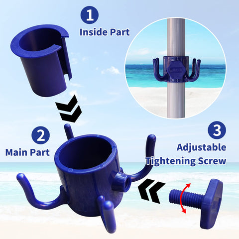 AMMSUN umbrella hook easily installs on a pole to keep items off sand.