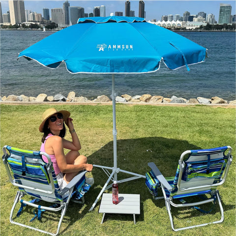 AMMSUN umbrella pole height adjustment showing flexible standing shade options.