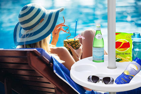 AMMSUN umbrella table tray with snack compartments for poolside snacks.
