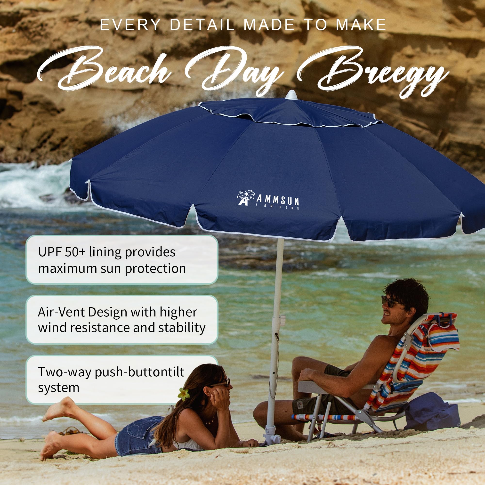 AMMSUN windproof fiberglass ribs keep the shade intact during gusts.