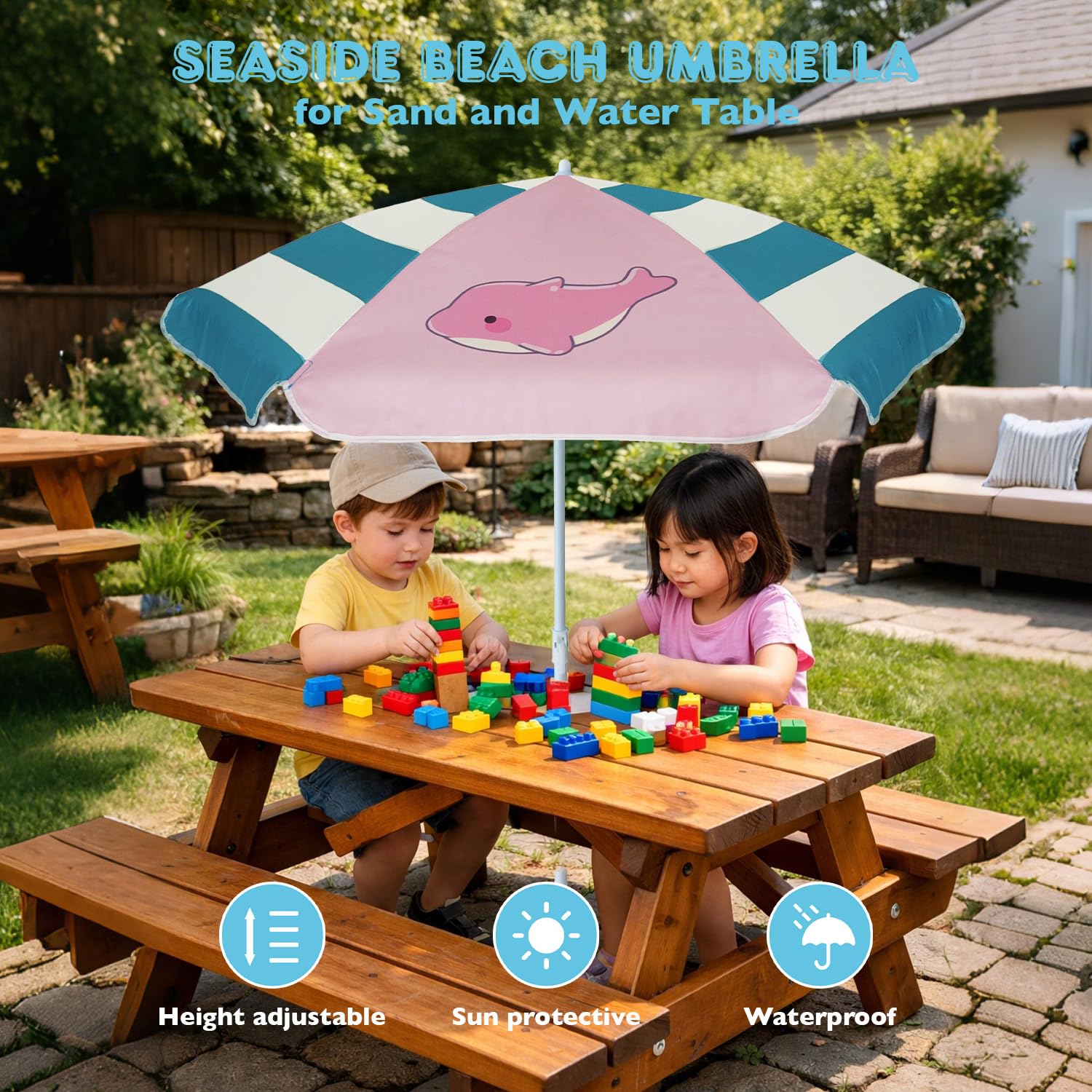AMMSUN UV-coated canopy with UPF50+ shields kids from sun.