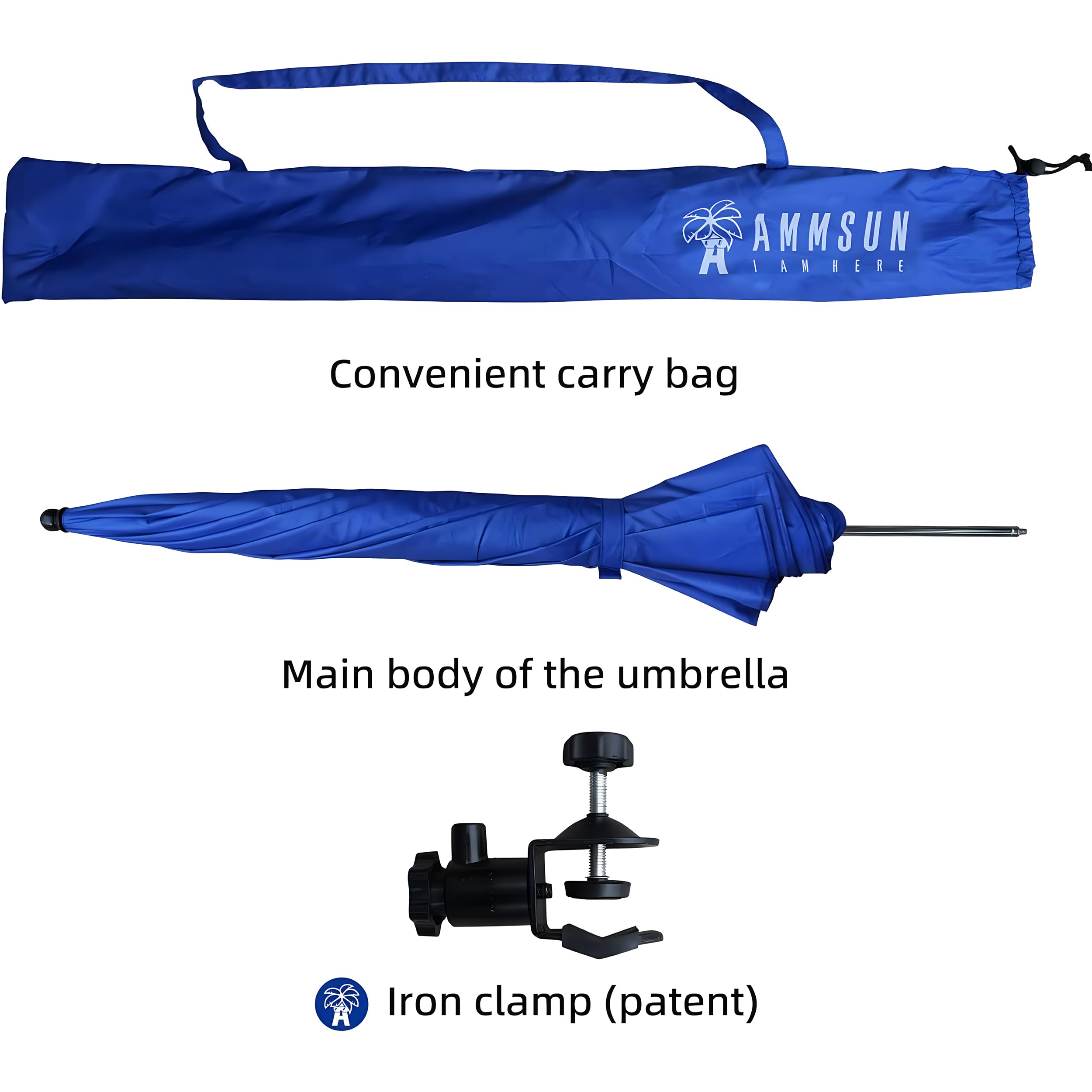 AMMSUN XL Chair Umbrella universal clamp fits chairs, strollers, and carts.
