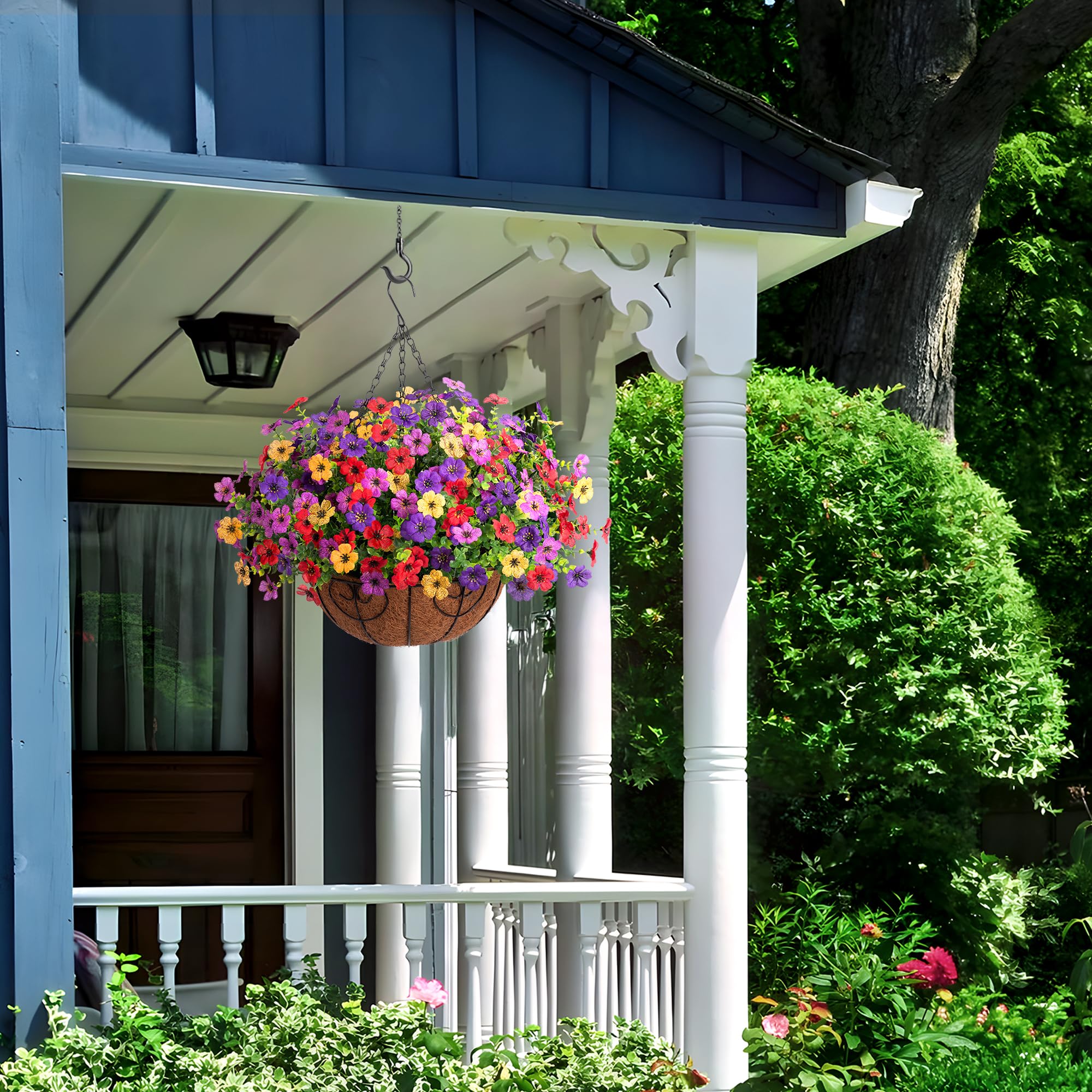 Ammyoo artificial silk daisies with eucalyptus, ideal porch or patio accent.