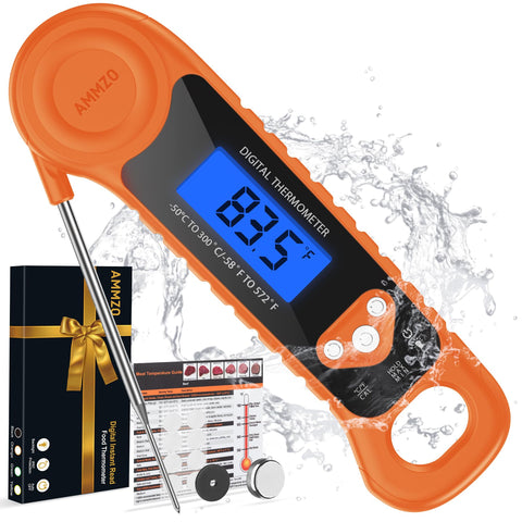 AMMZO digital meat thermometer with backlit display for easy reads in dim lighting.