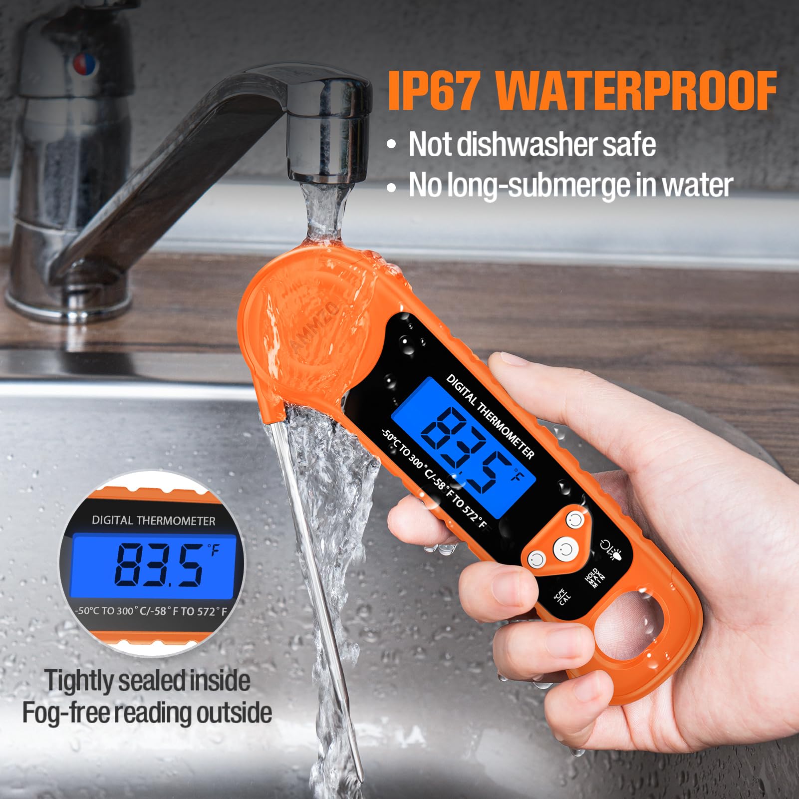 AMMZO IP67 waterproof design withstands splashes while cooking.