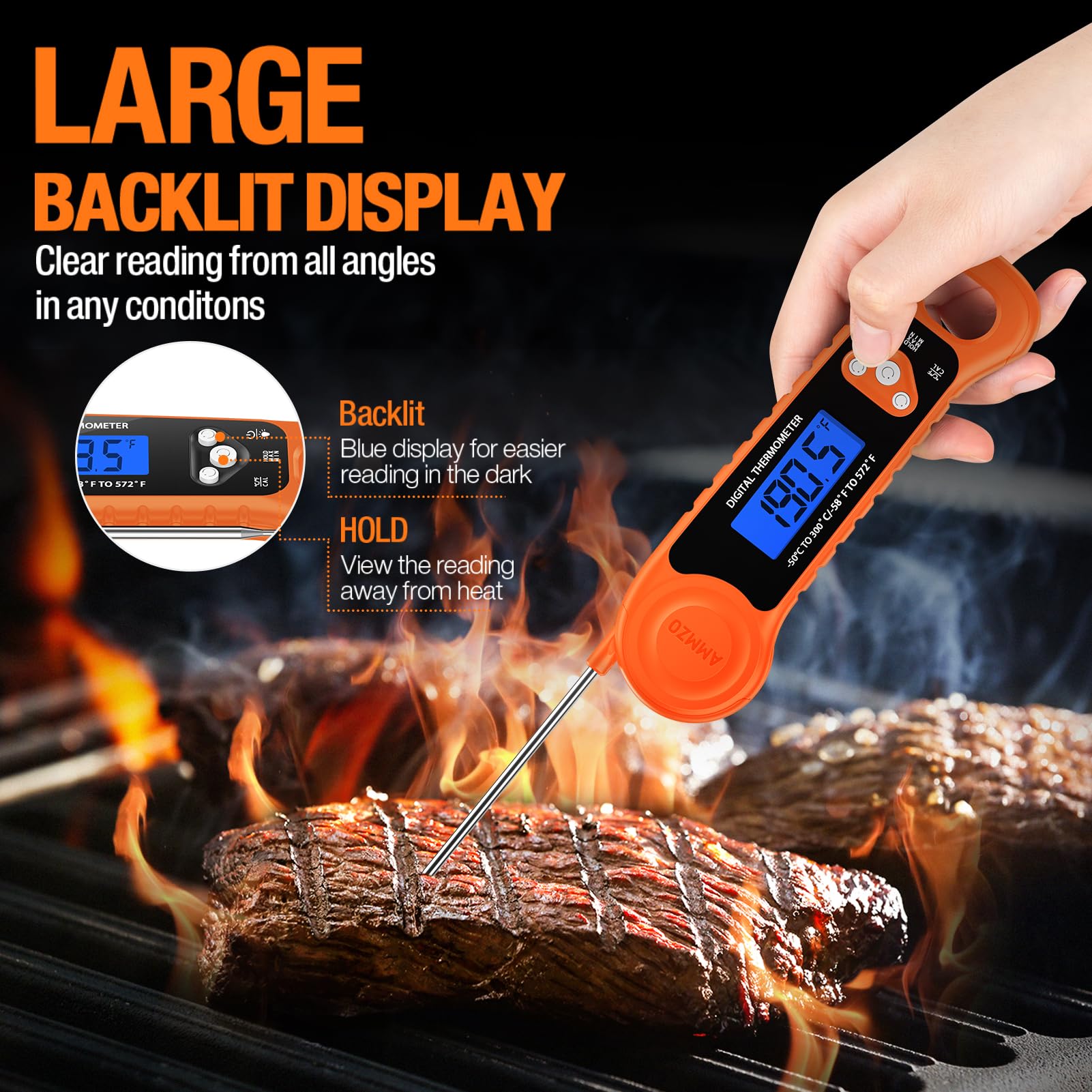AMMZO thermometer with large hang loop for convenient storage.
