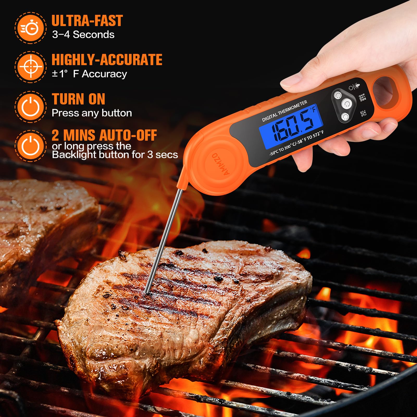 AMMZO thermometer with retractable probe simplifies grilling and safe handling.