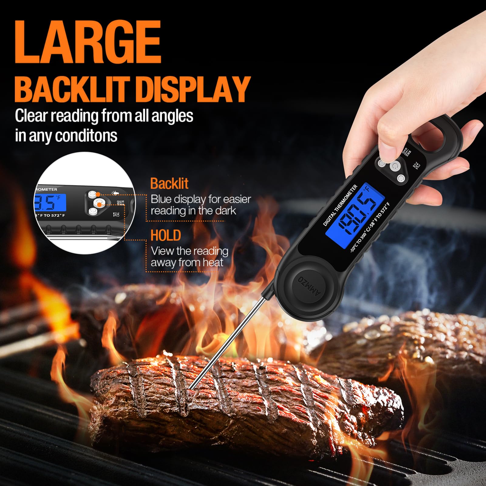 AMMZO digital thermometer with auto-off and hold function to save time