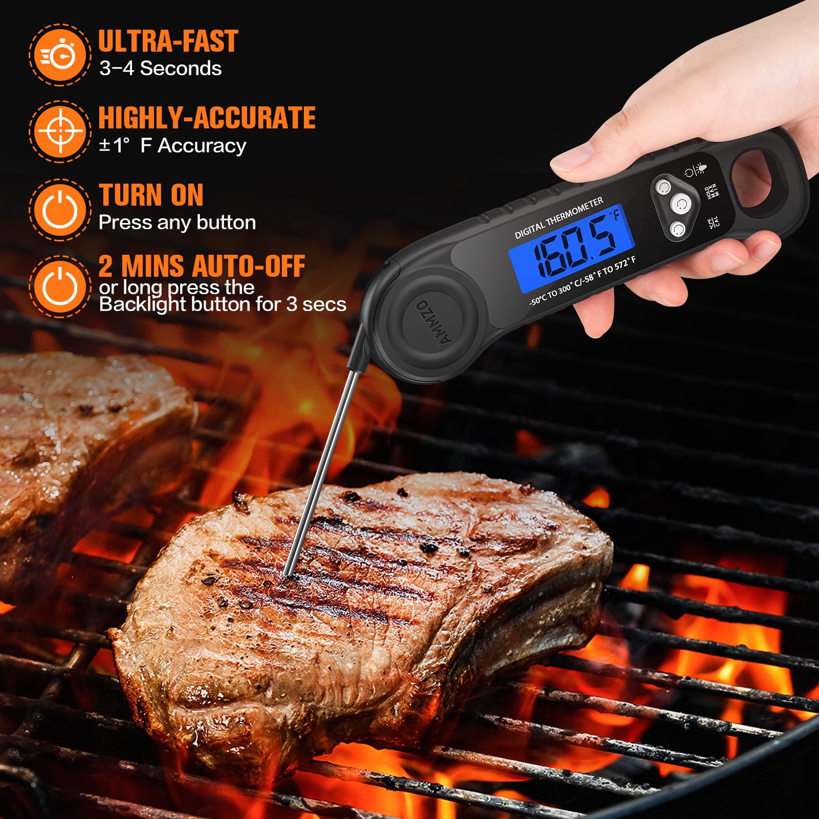 AMMZO waterproof thermometer with backlit display for night grilling