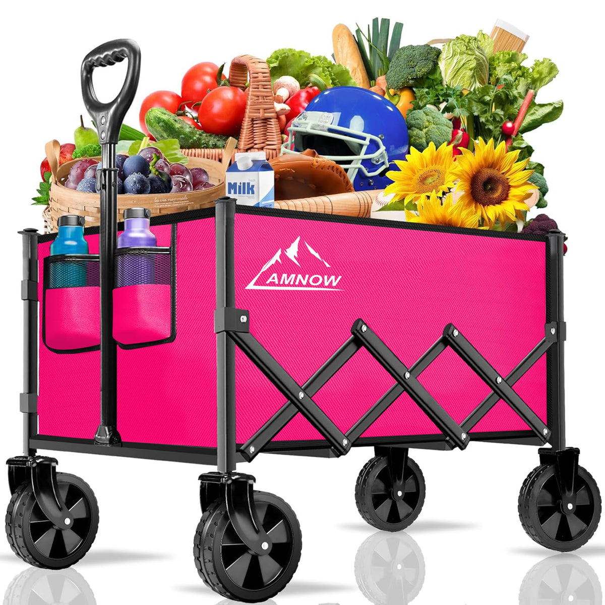 AMNOW collapsible wagon showing extended size for large loads, ideal for family outings.