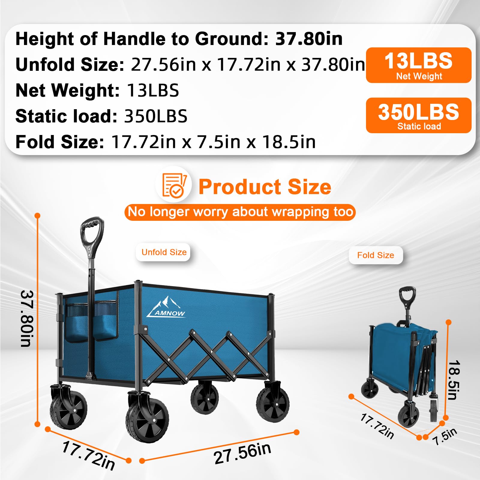 AMNOW collapsible wagon with adjustable handle for easy pulling by all ages.