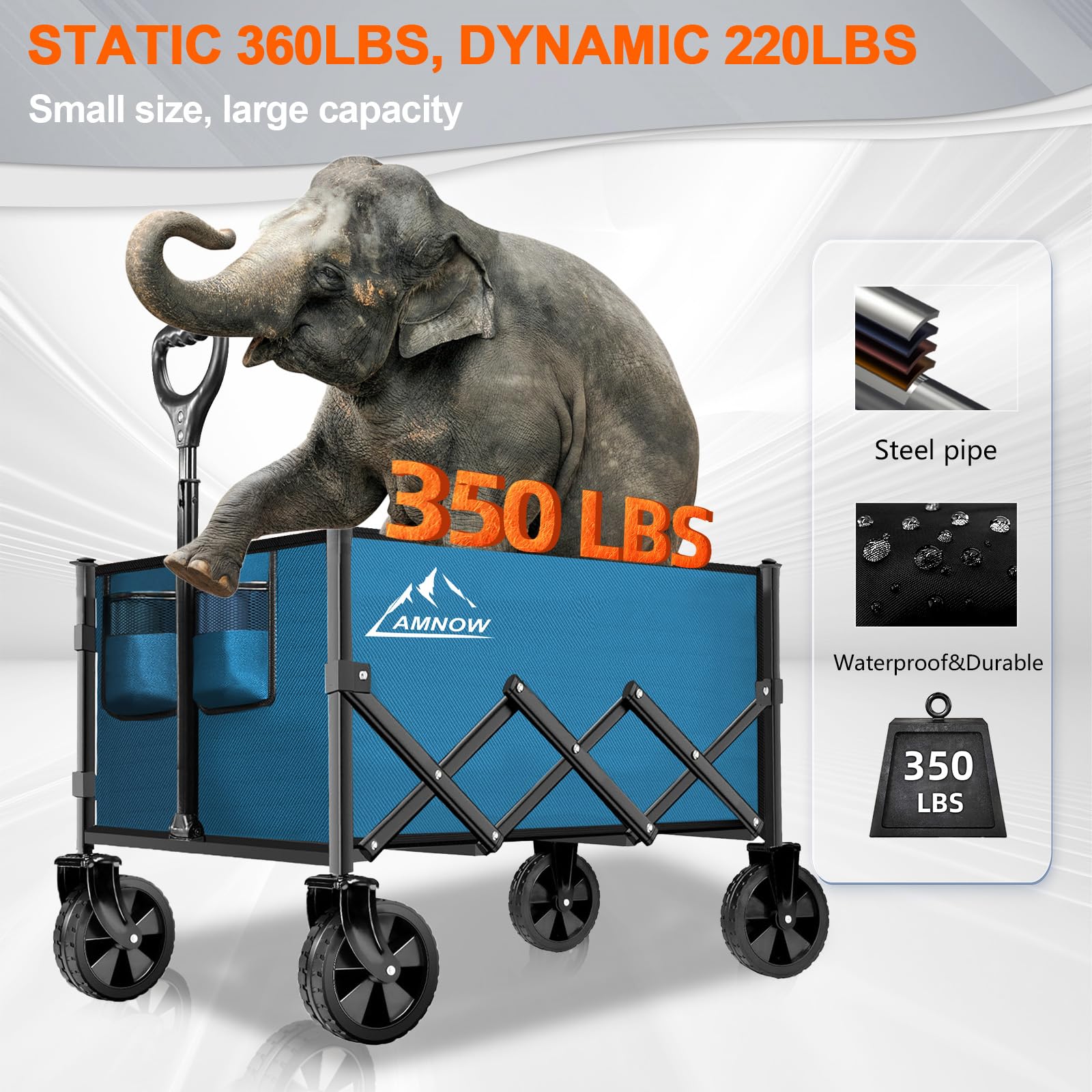 AMNOW collapsible wagon with all-terrain wheels ready for rugged paths.