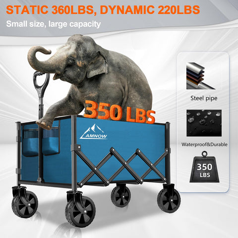 AMNOW collapsible wagon with all-terrain wheels ready for rugged paths.