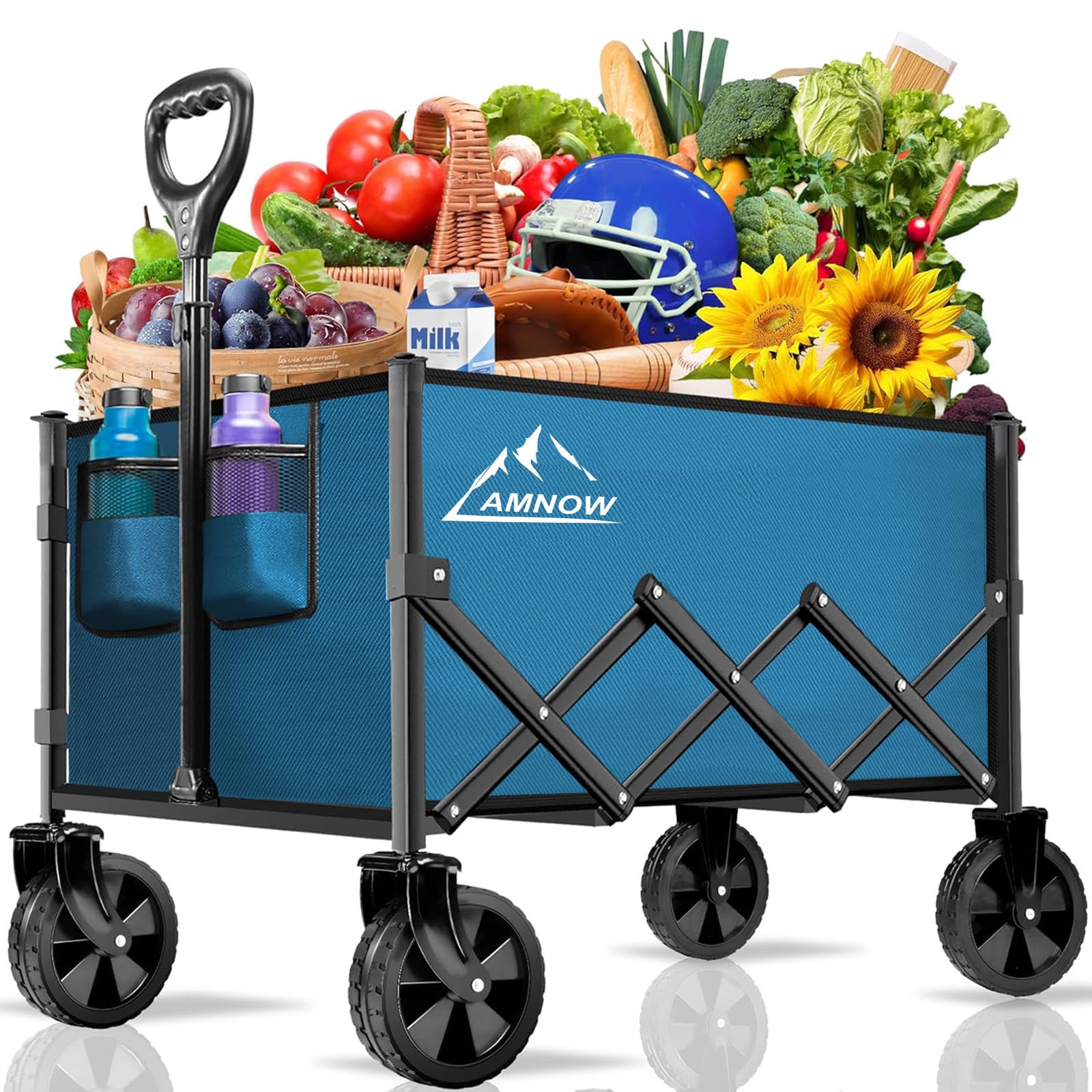 AMNOW collapsible wagon showing large capacity for groceries and camping gear.