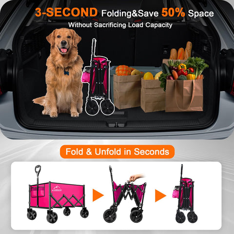 AMNOW portable wagon folds into a handbag-like form for easy trunk storage.