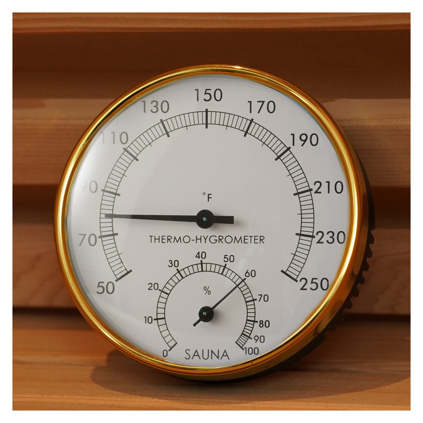 amocane sauna thermometer front view showing compact 2-in-1 gauge for quick readings
