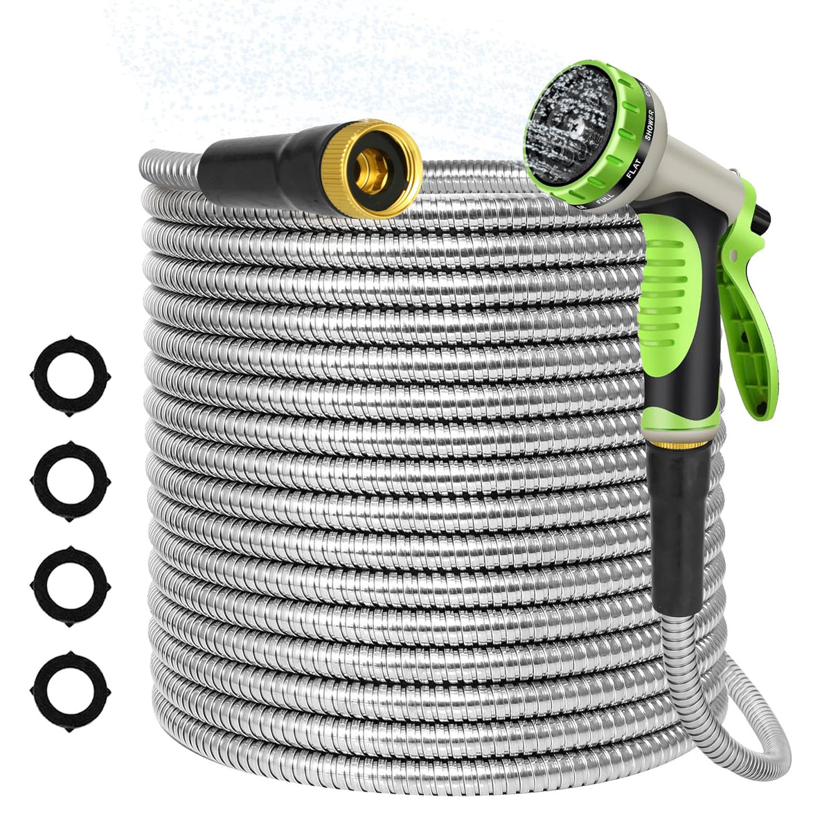 AMOOX 50ft water hose steel coil highlights durable stainless steel construction and easy storage.