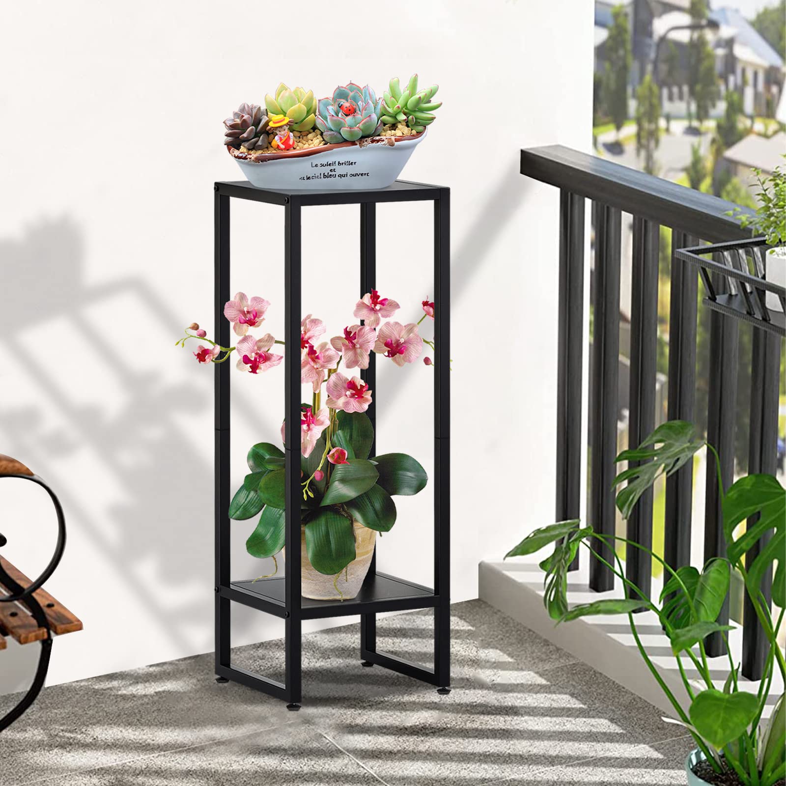 AMOOSON square plant stand creates a compact corner display for pots