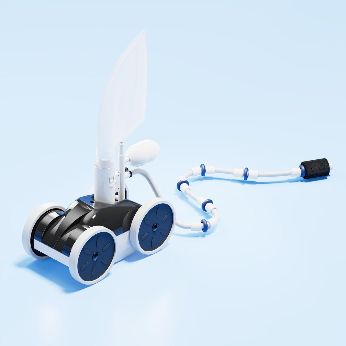 Amptyhub Upgrade Pool Sweeper front angle demonstrates four-wheel efficiency for thorough cleaning