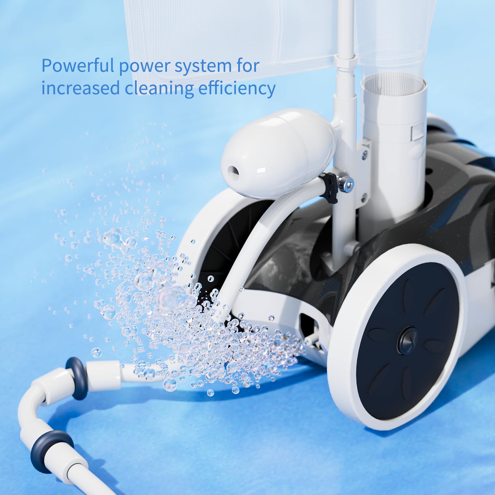 Amptyhub in-ground pool cleanup with four-wheel efficiency and flexible hose