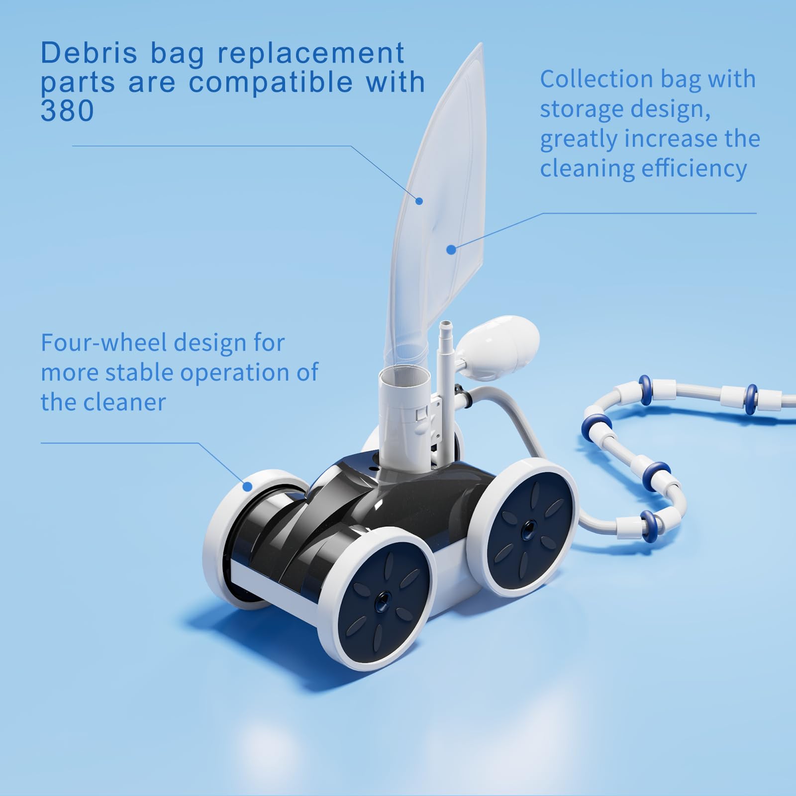 Amptyhub four-wheel design detail supports better pool surface coverage