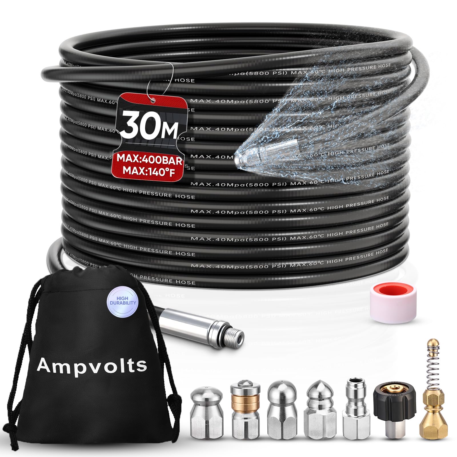Ampvolts 100ft drain cleaning hose offering long reach for deep blockages