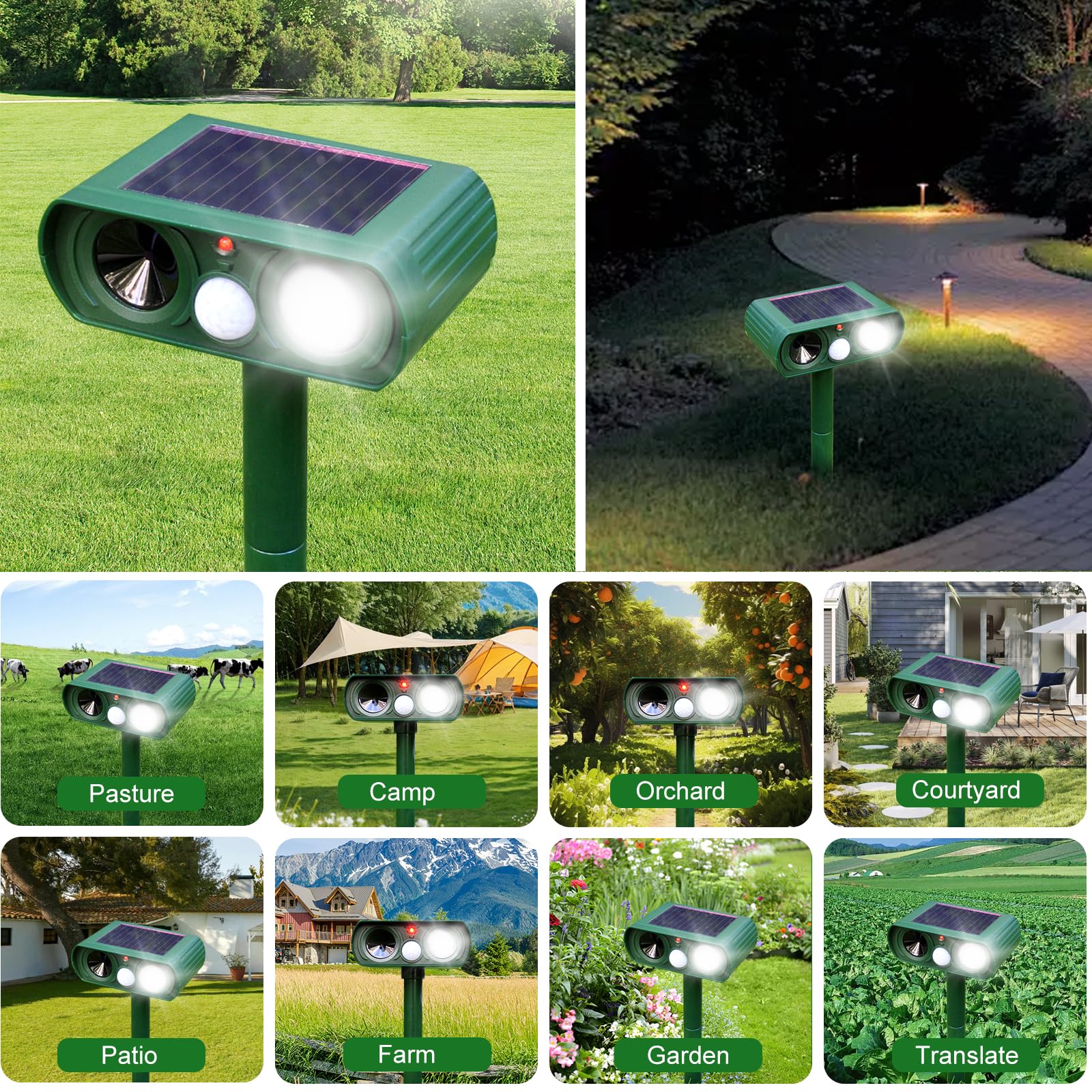 Amsqto LED flash mode enhances nighttime deterrence against wildlife.