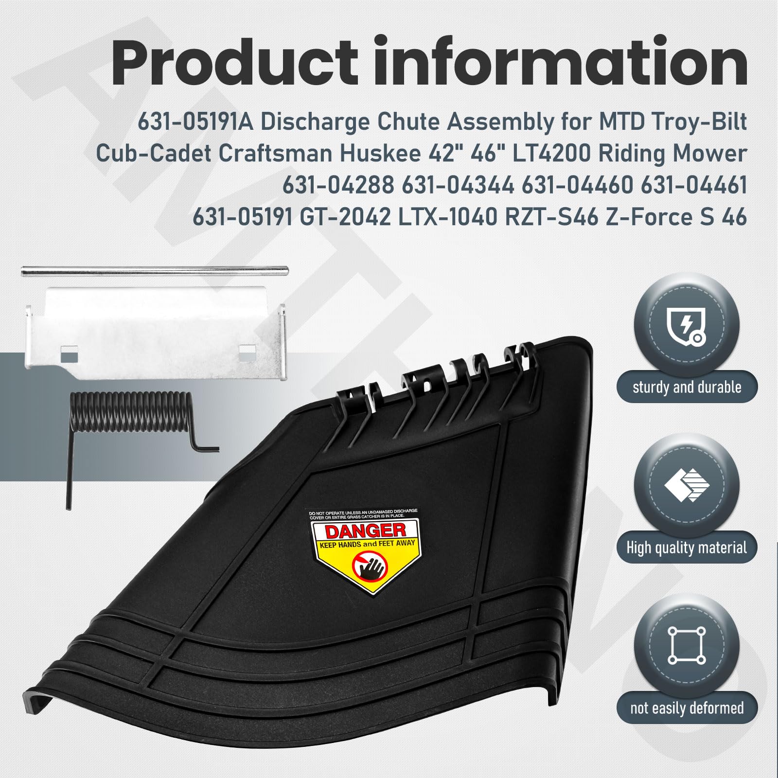 AMTHKNO chute fits GT2042 and RZT-S series mowers with ease.