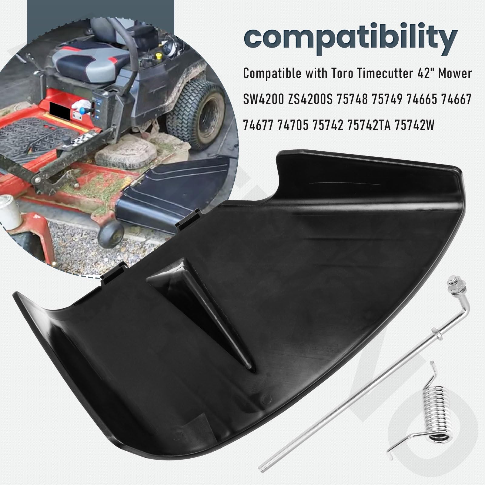 AMTHKNO deflector chute installed on Toro Exmark Time-Cutter Quest 42 in model