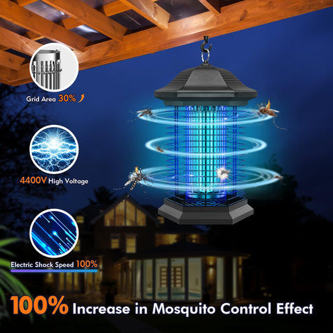 AMUFER Bug Zapper 4400V grid detail emphasizes fast, high-voltage electric shocks.