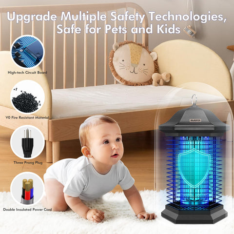 AMUFER Bug Zapper IPX4-rated casing withstands rain and splashes outdoors.