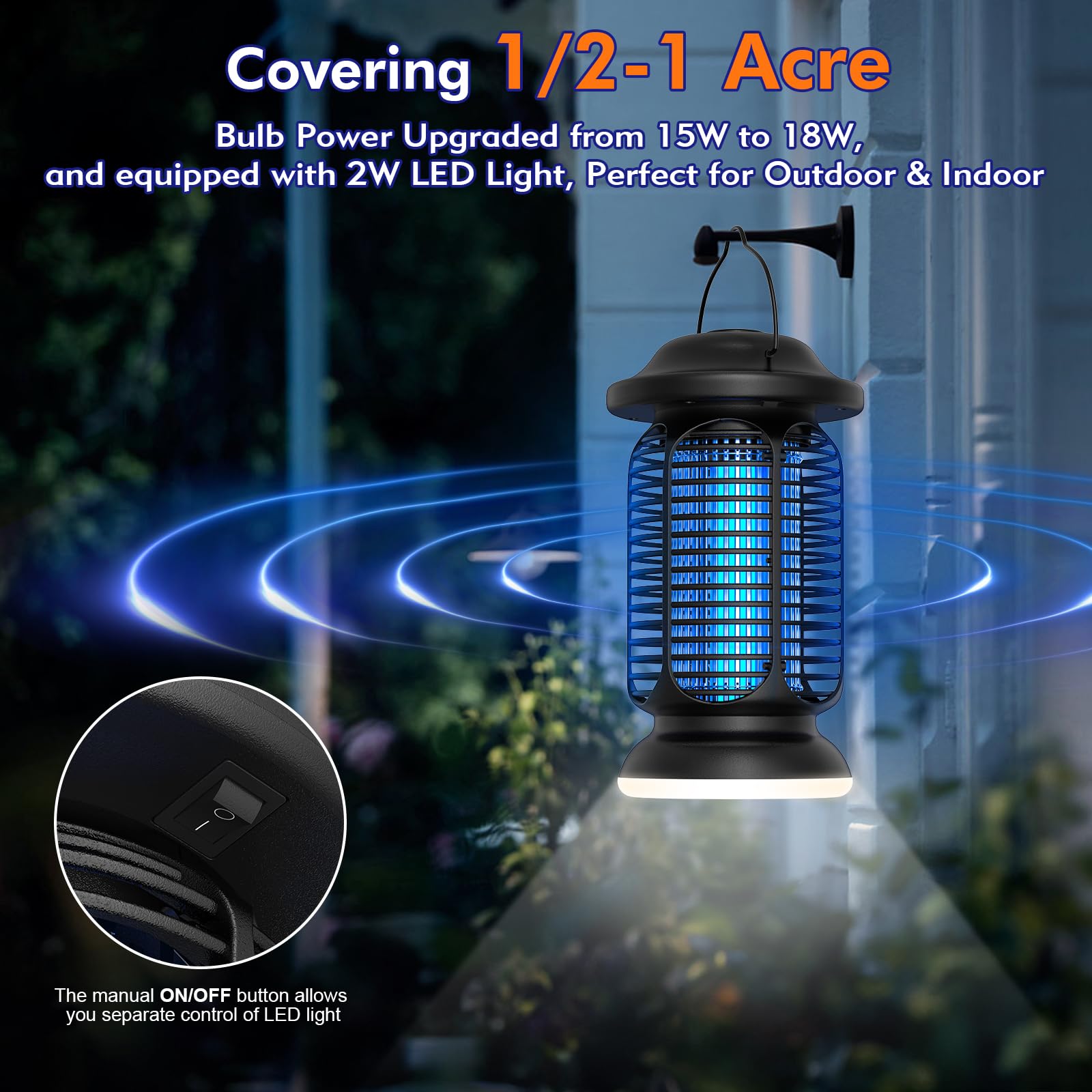 AMUFER Bug Zapper blue-violet light plus LED lamp lures pests over large areas.