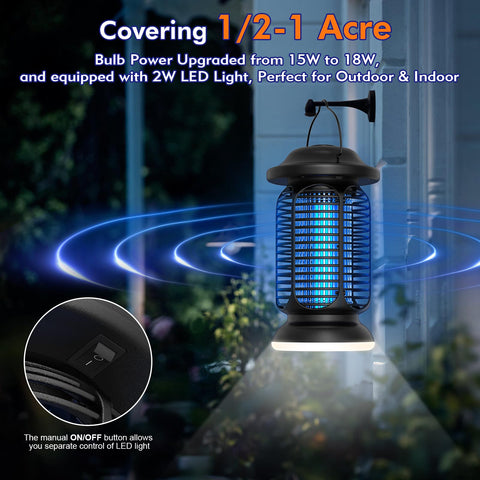 AMUFER Bug Zapper blue-violet light plus LED lamp lures pests over large areas.