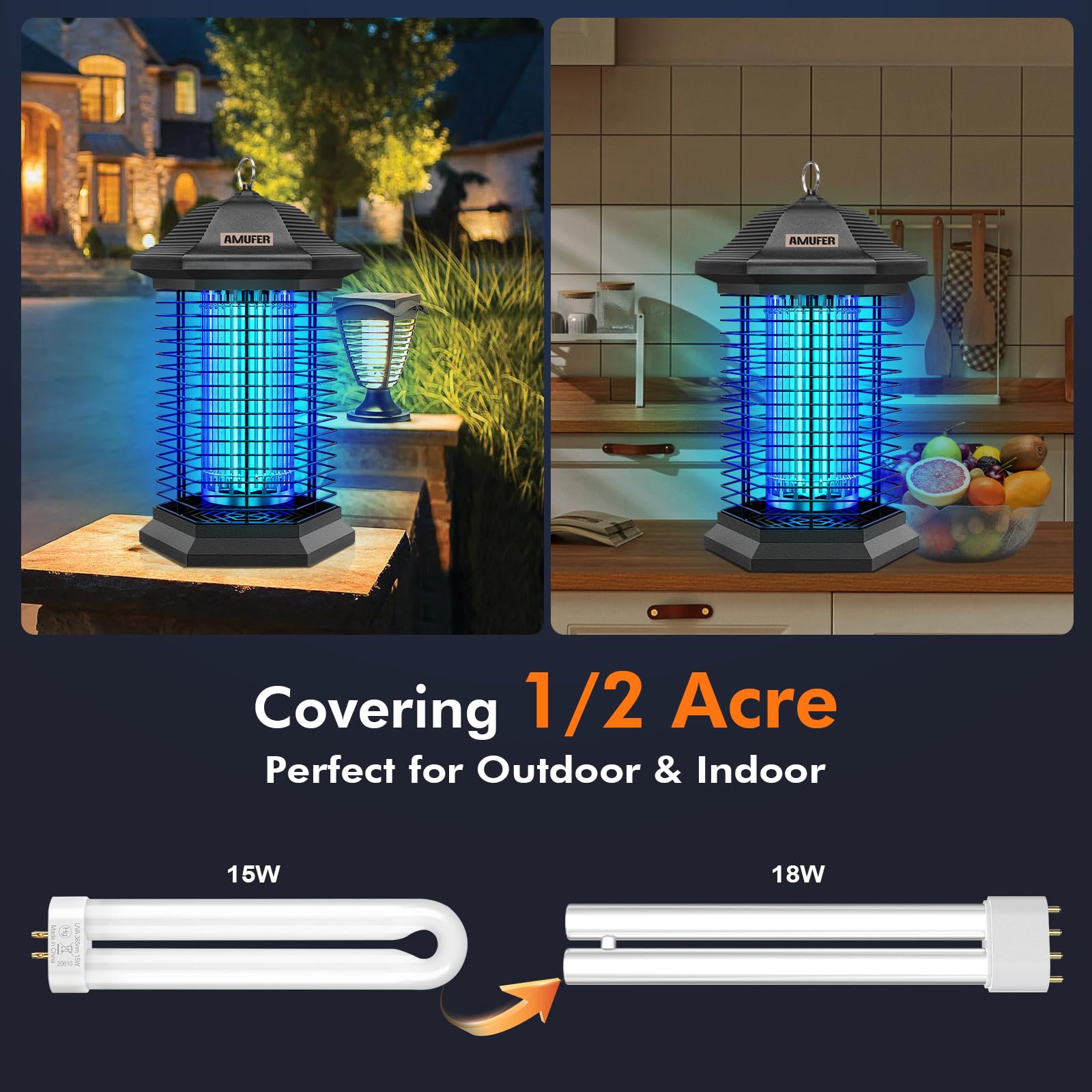 AMUFER Bug Zapper UV lamp close-up highlights 330–420 nm attraction range for insects.