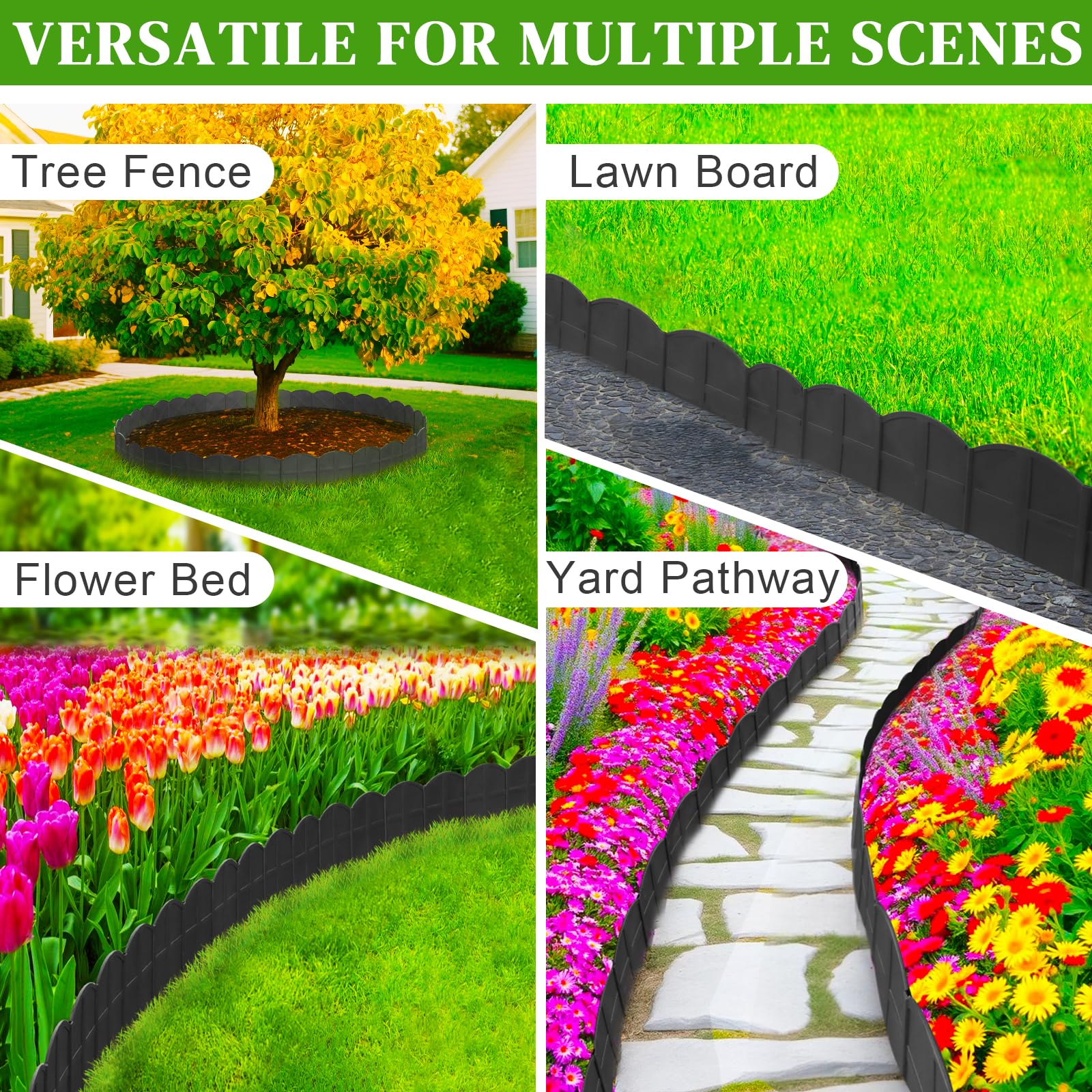 AMURS edging kit suits flower beds, sidewalks, and planters for unified style.