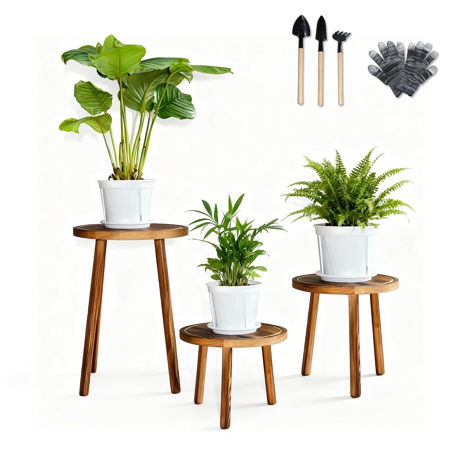 AMVAQKER wood plant stand 3-tier displays three pots with stable support.