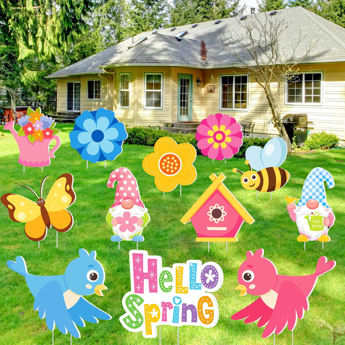 Amyhill Hello Spring yard signs with bees and flowers brighten the garden.