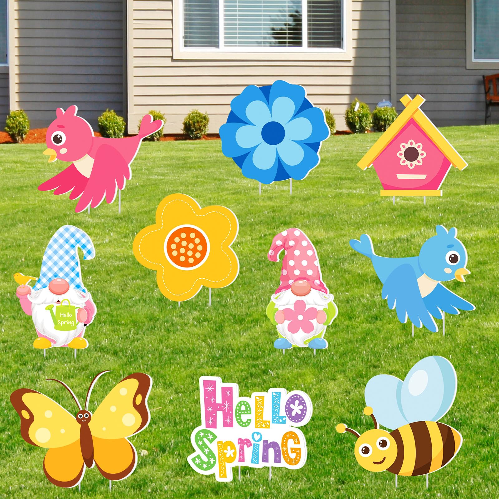 Amyhill Hello Spring signs feature waterproof surfaces for outdoor resilience.