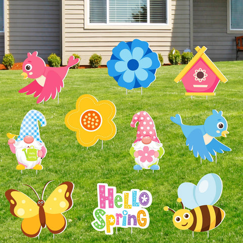Amyhill Hello Spring signs feature waterproof surfaces for outdoor resilience.