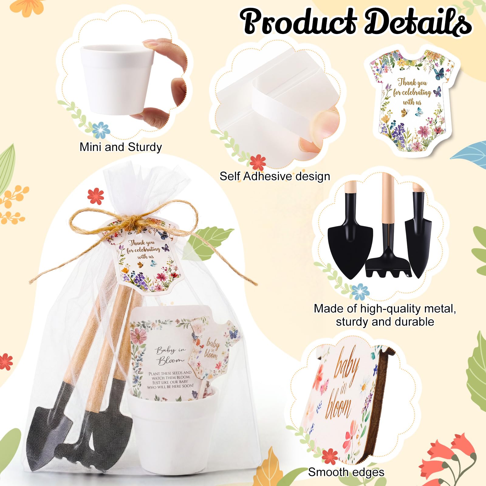 Amyhill Baby in Bloom garden tool set offers a practical, reusable guest favor.