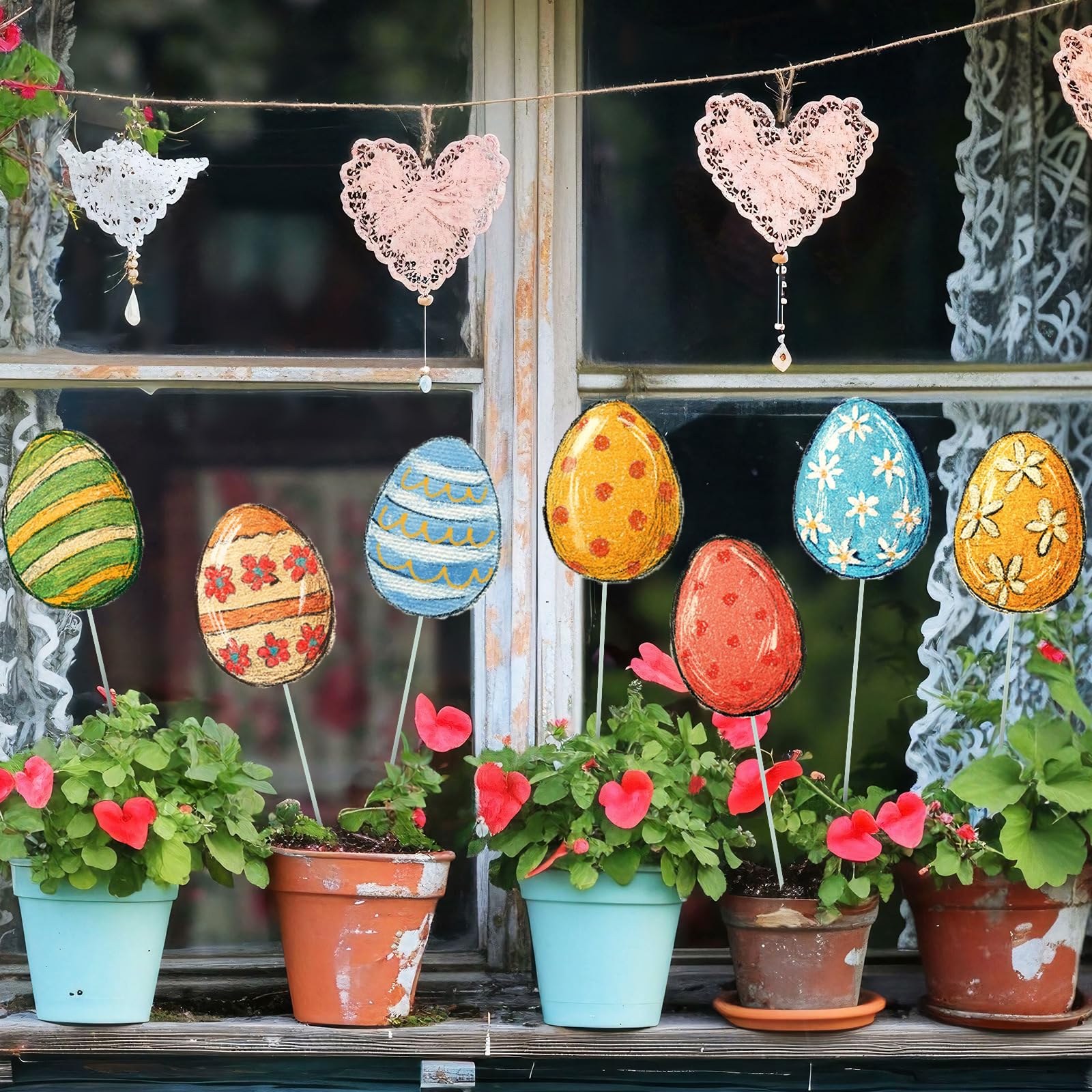Amyhill Easter Egg Planter Stake in pot setup adds color and charm.