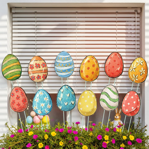 Amyhill Easter Egg Planter Stake lawn closeup shows vibrant hand-painted eggs for outdoor decor.