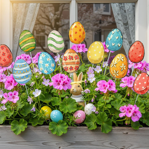 Amyhill Easter Egg Planter Stake patio setup creates festive outdoor ambiance.