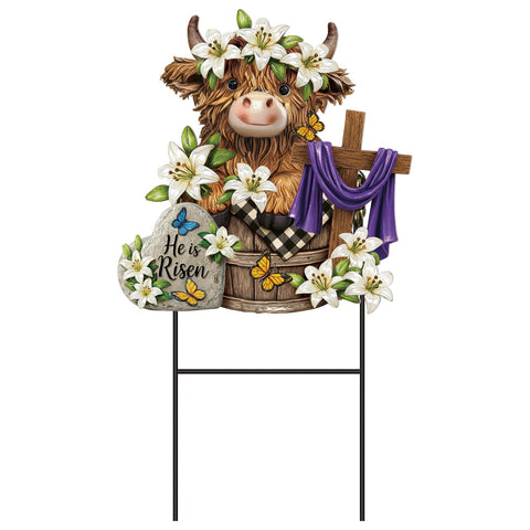 Amyhill Easter Highland Cow garden stake in the lawn for festive decoration.