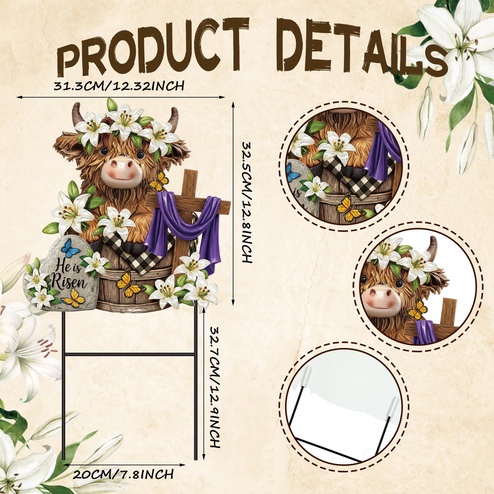 Amyhill Easter Highland Cow yard sign installed among garden plants for welcoming ambiance.
