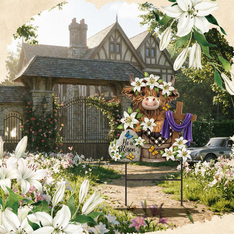 Amyhill Easter Highland Cow yard sign shows its 12.32 x 12.8 inch size for garden impact.