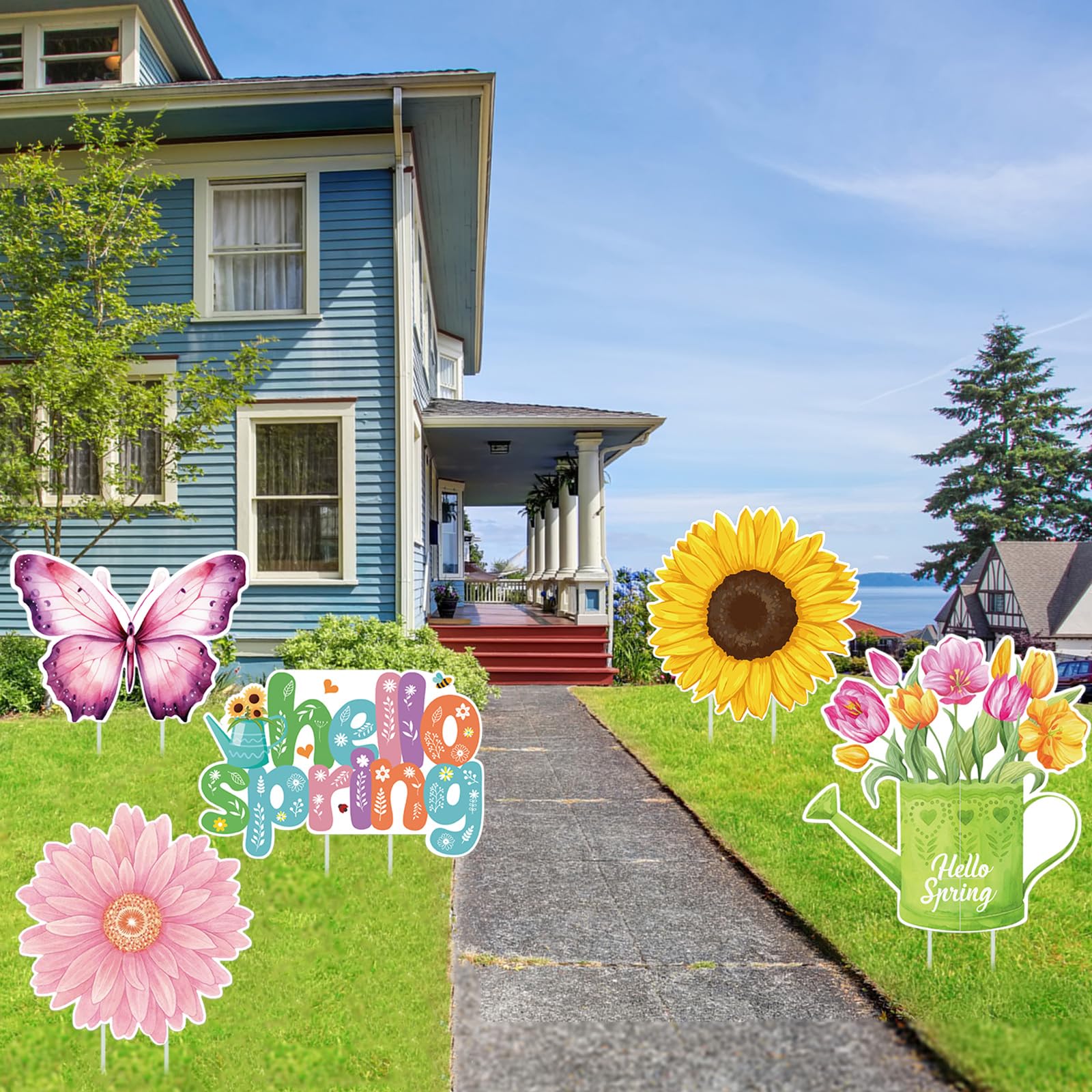 Amyhill Hello Spring lawn sign in retro style for garden borders.